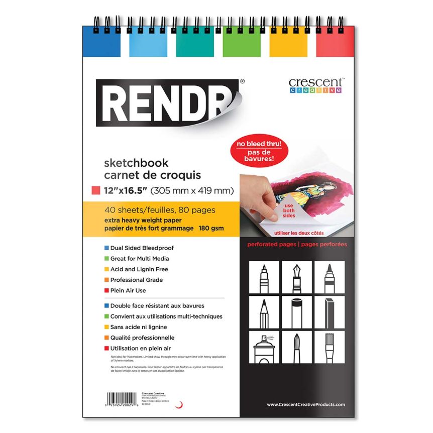 Crescent Rendr No Show Thru Wirebound Sketchbook 12" x 16-1/2" (40 sheets)