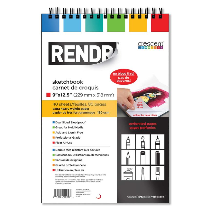 Crescent Rendr No Show Thru Wirebound Sketchbook 9" x 12-1/2" (40 sheets)