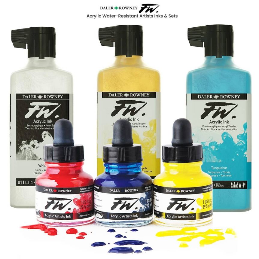 Daler-Rowney FW Acrylic Ink Bottle 3-Color Starter Set with Empty Marker -  Acrylic Set of Drawing Inks for Artists and Students - Art Ink Calligraphy