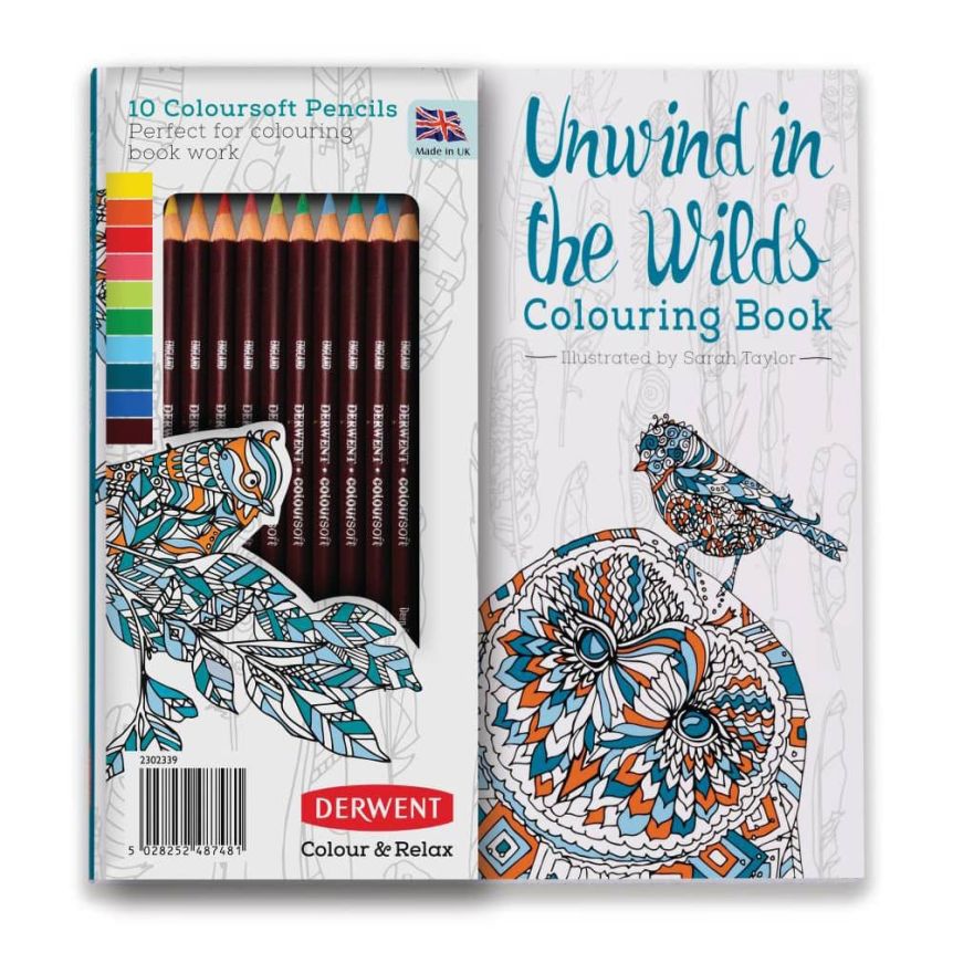 Derwent Unwind in the Wilds Coloring Book Set with 10 Coloursoft Pencils