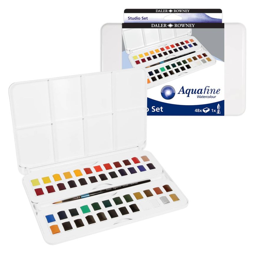 Daler-Rowney Water Colour Aquafine Studio Tin Set of 48 w/ Brush - Assorted Colors, Half Pans