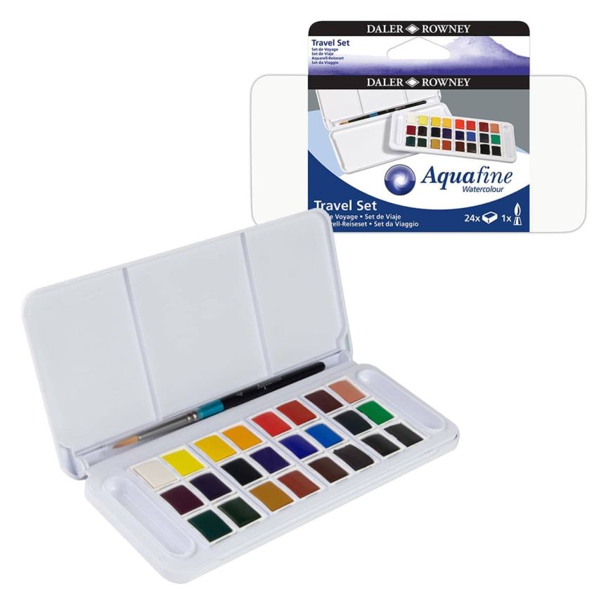 Daler-Rowney Water Colour Aquafine Travel Tin Set of 24 w/ Brush - Assorted Colors, Half Pans