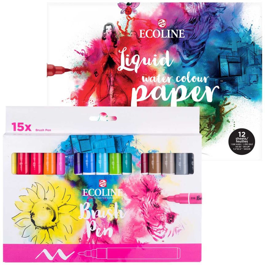 Ecoline Liquid Watercolor 9.4 x 12.6 in Paper Pad & Brush Pen Set of 15