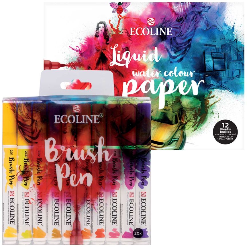 Ecoline Liquid Watercolor 9.4 x 12.6 in Paper Pad & Brush Pen Set of 20