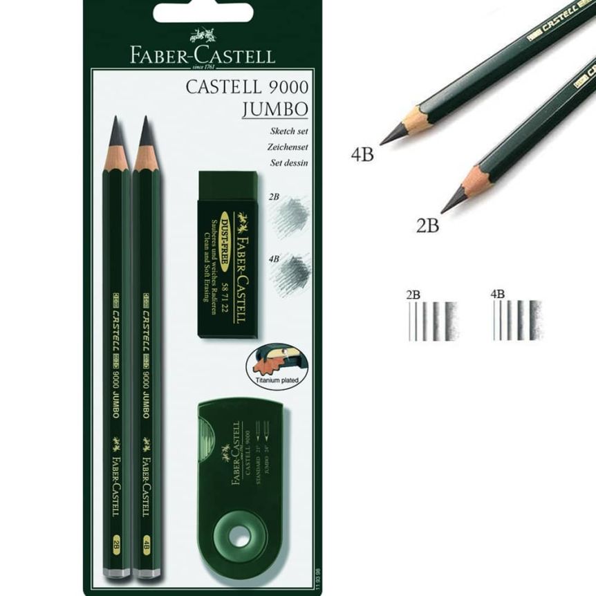 FaberCastell 9000 Jumbo Graphite Pencil Sketch Set with Tools 2B & 4B