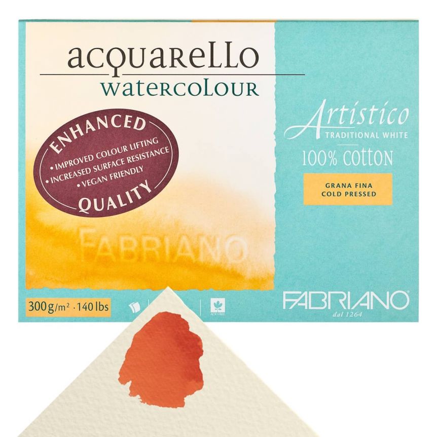 Fabriano Artistico Vegan Traditional White Watercolor Block 140lb 10" x 14" Cold Press, 20 Sheets 