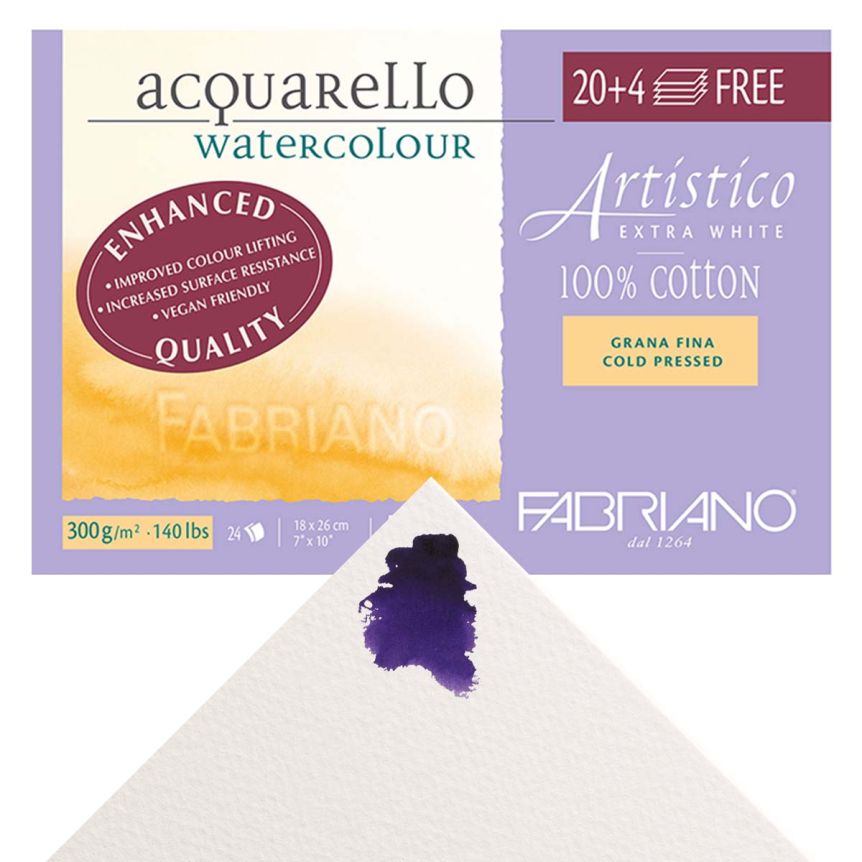 Fabriano Artistico Watercolor Block - 7"x10" Extra White, 140 lb Cold Press (Pack of 20 + 4 Free Sheets)