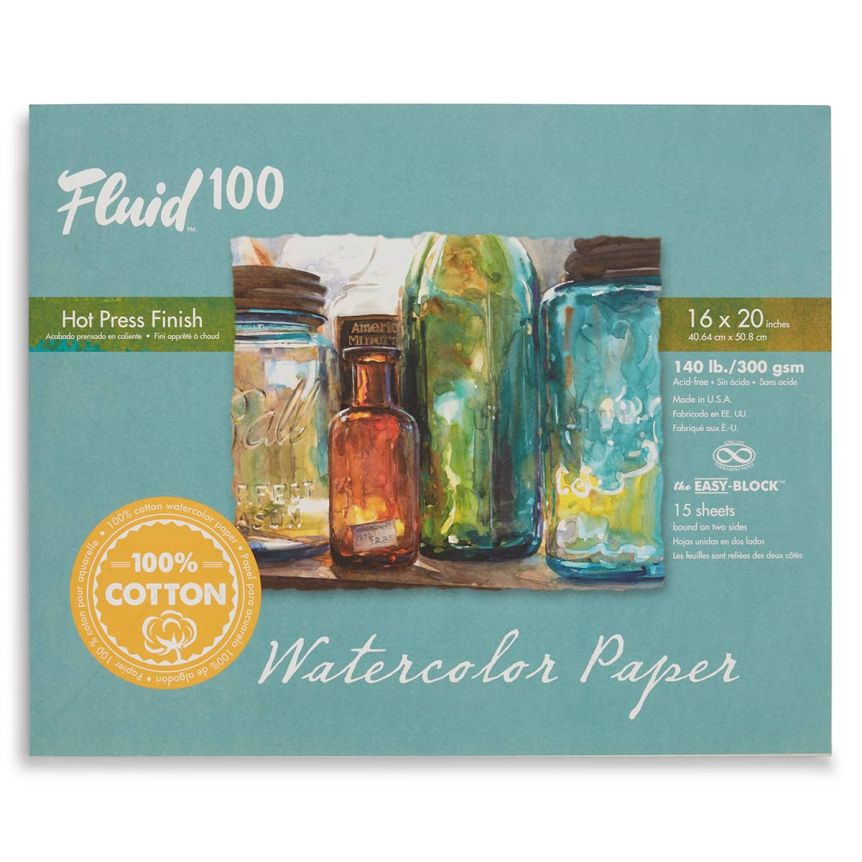 Speedball Fluid 100 Watercolor Paper Block - 140lb Hot Press, 16"x20" (15 Sheets)