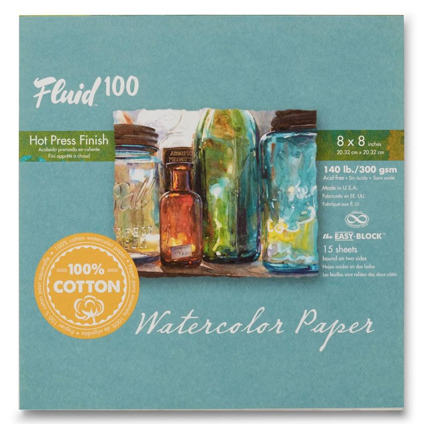 Speedball Fluid 100 Watercolor Paper Block - 140lb Hot Press, 8"x8" (15 Sheets)