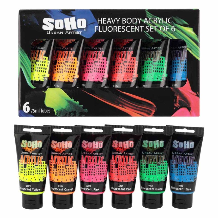 SoHo Urban Artists Heavy Body Acrylics Fluorescent Colors Set of 6, 75ml  Tubes