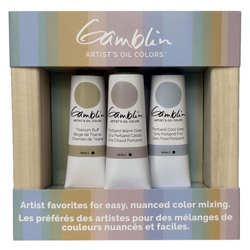 Gamblin Artist's Oil Color Greys Painting Set of 3, 37ml w/ Panel