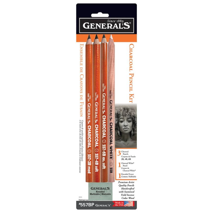 General's Charcoal Pencil - Assorted Set of 4 + Kneaded Eraser