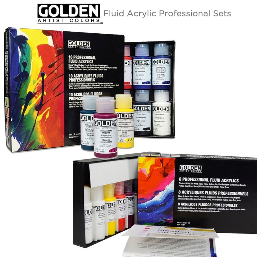  GOLDEN Fluid Acrylics, Principal Professional Fluid Set, Ten 1  fl. oz. / 30 ml Bottles