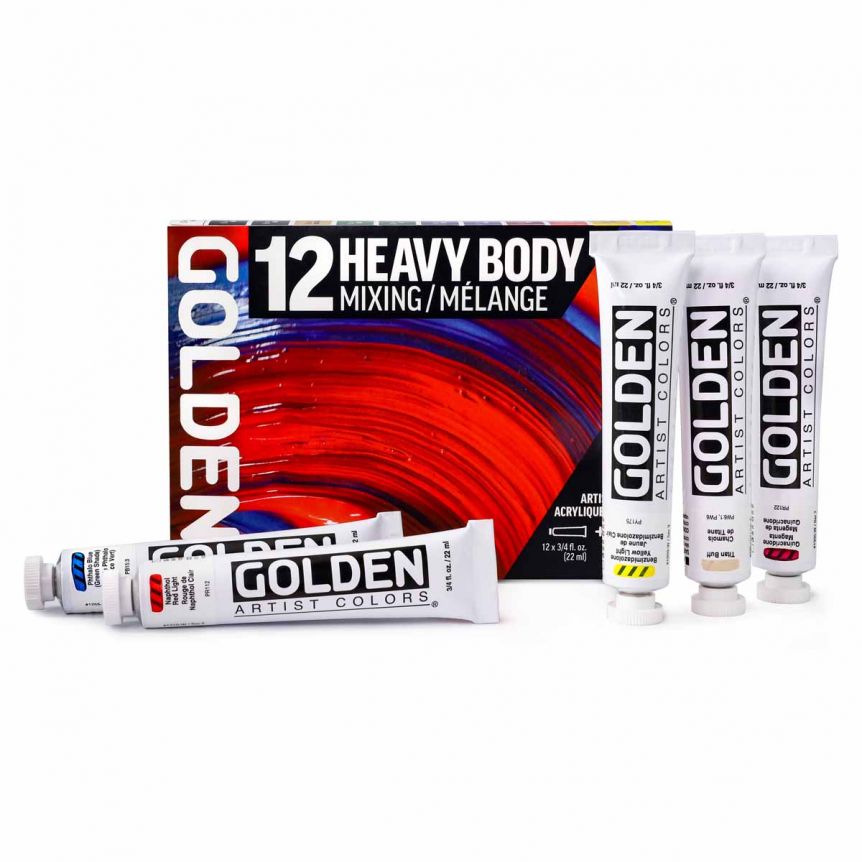 Golden Heavy Body Acrylic Mixing Set of 12 22ml Tubes Plus Gloss Liquid Glaze 2oz Bottle