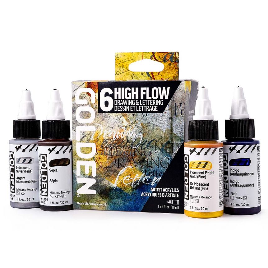 Golden High Flow Acrylic Drawing & Lettering Set of 6, 1oz (30ml) Bottles