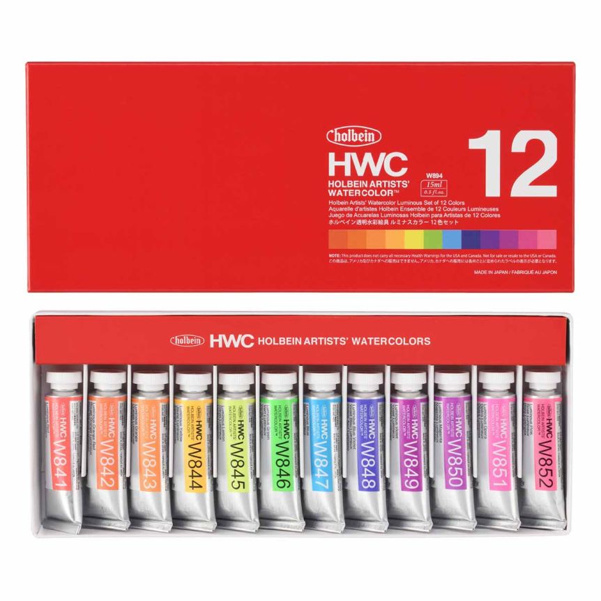 Holbein Artists' Watercolor - Luminous Set of 12, Assorted 15ml Tubes
