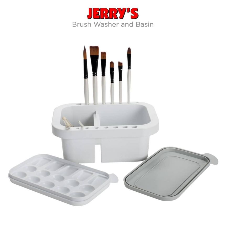 Brush washer, water basin, storage, and lidded palette in one