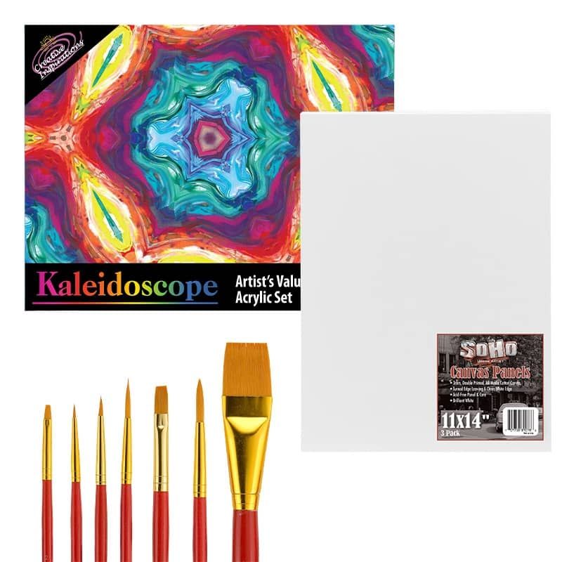 Creative Inspirations Acrylic Painting Start Set - Kaleidoscope Set of 30, 20ml Tubes + 3-Pack of 11"x14" Panels and 7 Brushes