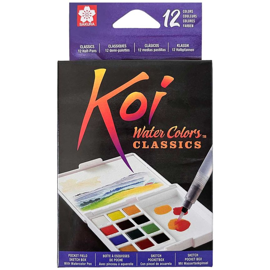 Koi Watercolor Pocket Field Sketch Box Set of 12 Half-Pans w/ Waterbrush