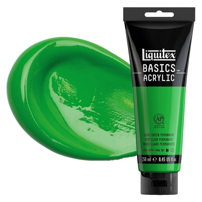 Liquitex Basics Acrylic Paint - Permanent Green Light, 250ml Tube