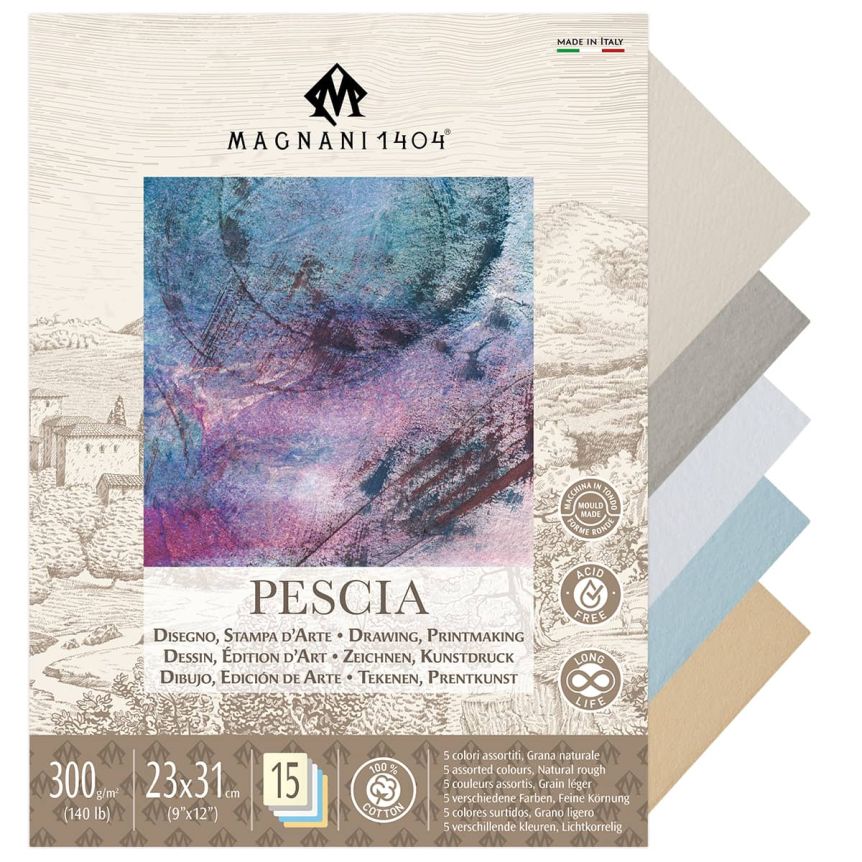 Magnani 1404 Pescia Paper Pad 140lb - Assorted Colors, 9” x 12” (15 Sheets)

