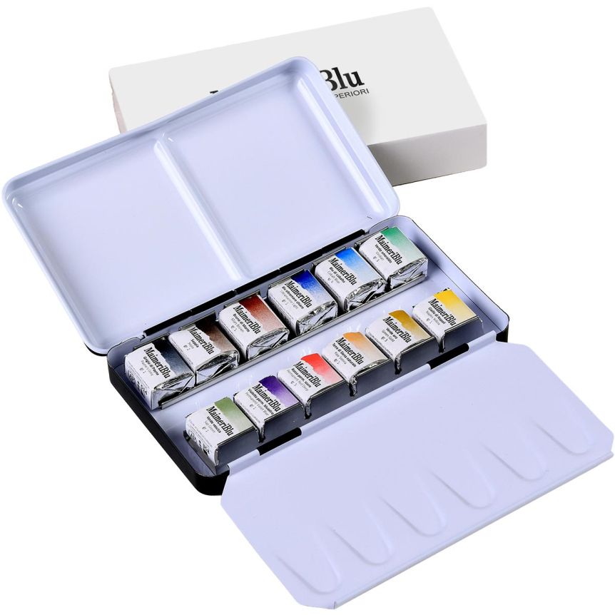 MaimeriBlu Watercolor Metal Box Set of 12 Half Pans, Assorted Colors