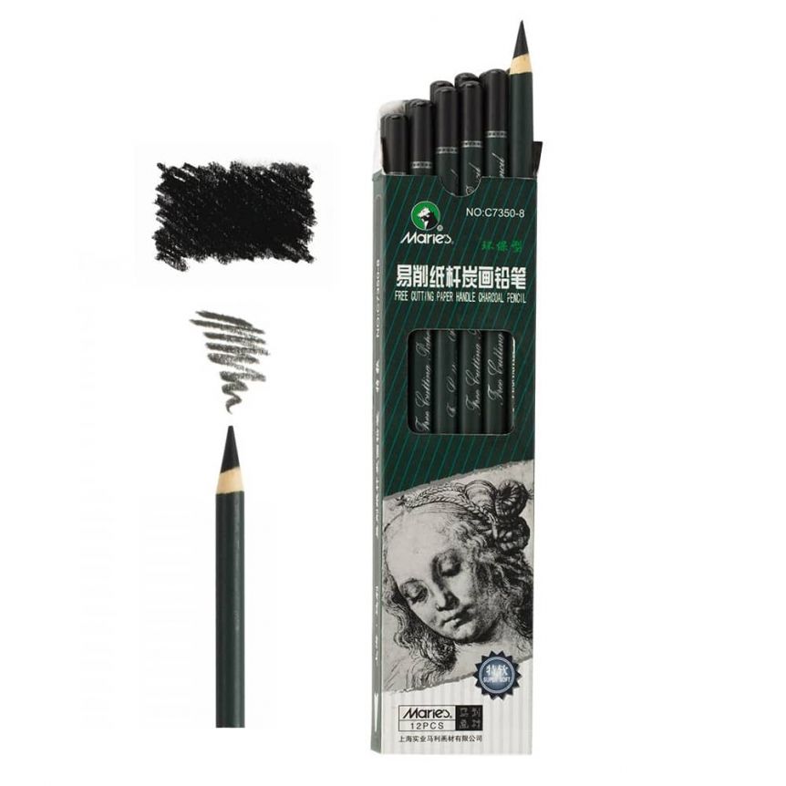 Marie's Charcoal Pencils Extra Soft Box of 12, Paper Wrapped