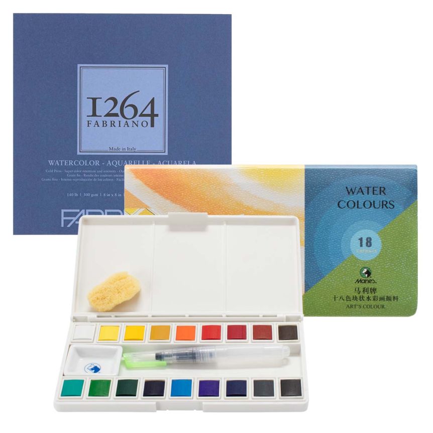 Maries Travel Duo Watercolor Half Pan Set of 18 + Fabriano 1264 Cold Press Pad - 8"x8" (30-Sheet)