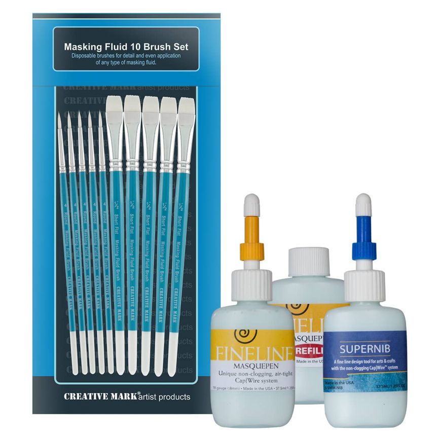 Creative Mark Masking Fluid Brush Set of 10 w/ Pebeo 250ml Drawing Gum