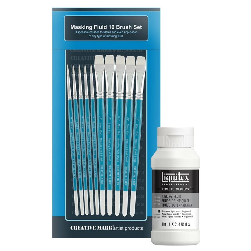 Creative Mark Masking Fluid Brush Set of 10 w/ Liquitex 4 oz Masking Fluid