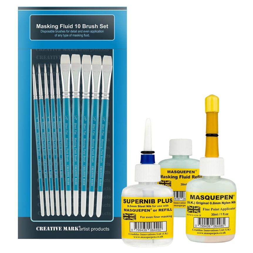 Creative Mark Masking Fluid Brush Set of 10 w/ UK Masquepen Fluid Super Set