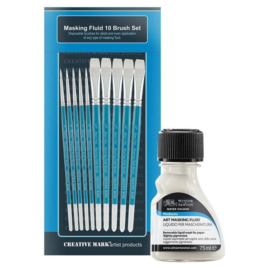 Creative Mark Masking Fluid Brush Set of 10 w/ Winsor & Newton 75ml Yellow  Art Mask