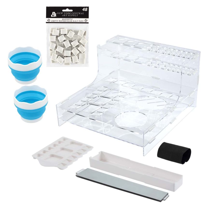 Mezzo Artist Studio Storage Watercolor Rack + 48 Empty Magnetic Half Pans + 2 Collapsible Water Cups