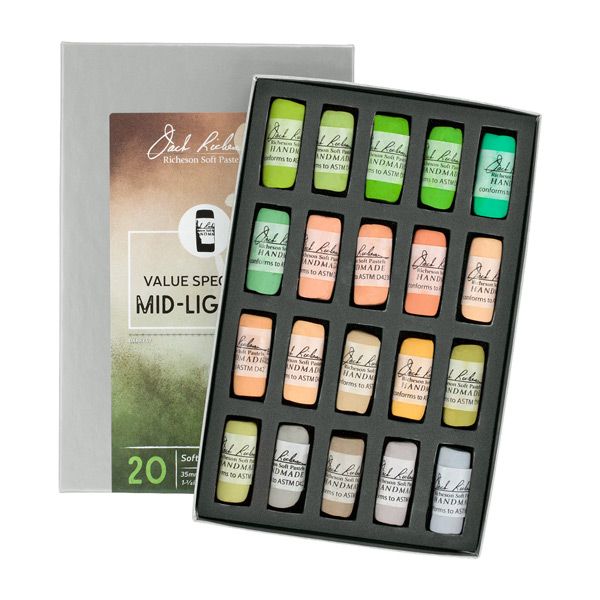 Richeson Hand-Rolled Soft Pastels Set of 20 Value Spectrum: Mid-Light 2