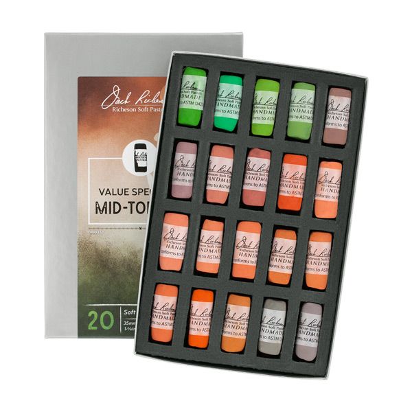 Richeson Hand-Rolled Soft Pastels Set of 20 Value Spectrum: Mids 3