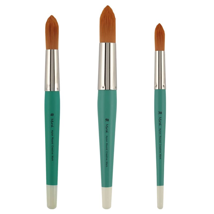 Golden Taklon Synthetic Long Handle Mural Brush Set of 3 Rounds