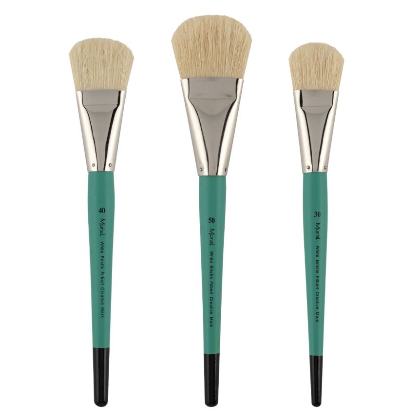 Natural Hog Bristle Long Handle Mural Brush Set of 3 Filberts