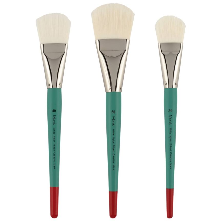 White Filament Synthetic Long Handle Mural Brush Set of 3 Filberts