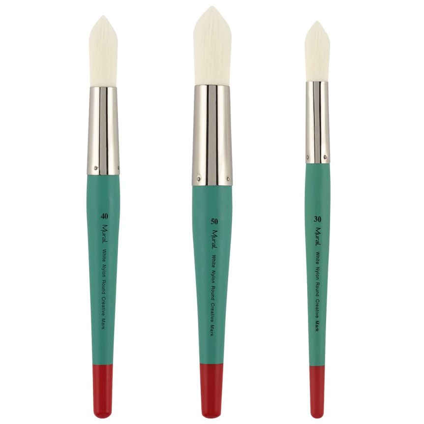 White Filament Synthetic Long Handle Mural Brush Set of 3 Rounds