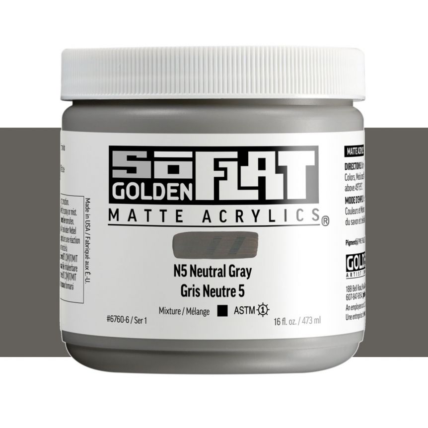GOLDEN SoFlat Matte Acrylic - N5 Neutral Gray, 16oz Jar