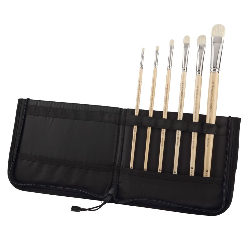 New York Central Professional Control Oil Color Brush Hog Bristle Short Almond Filberts (117) Set of 6 with Brush Easel Case