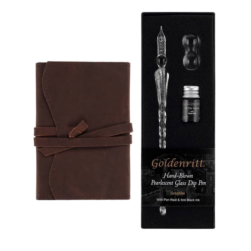 Opus 4 x 6 in Wrap Journal Dark Brown & Dip Glass Pen Set