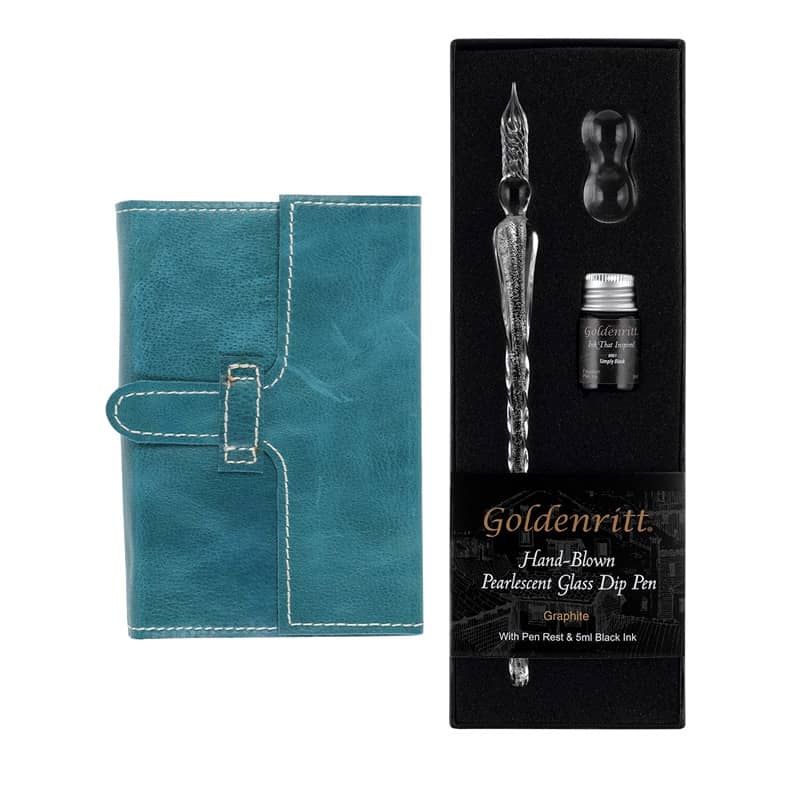 Opus 4 x 6 in Slide Closure Journal Turquoise & Dip Glass Pen Set