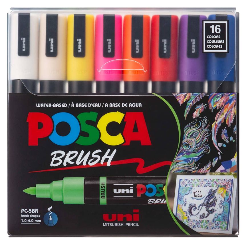 POSCA Acrylic Paint Marker - Basic Colors Set of 16, Pointed Brush Tip (1 - 4 mm)