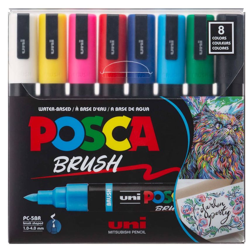POSCA Acrylic Paint Marker - Basic Colors Set of 8, Pointed Brush Tip (1 - 4 mm)