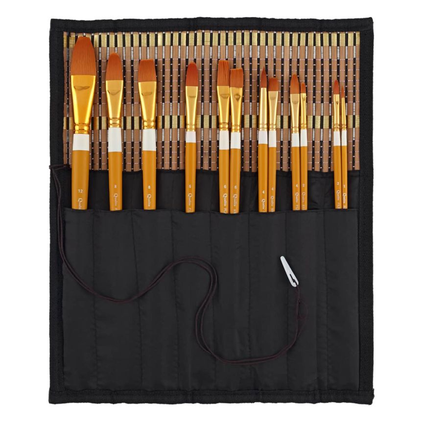 Bueno Long Handle Brush Set of 12 with Bamboo Roll-up Brush Case