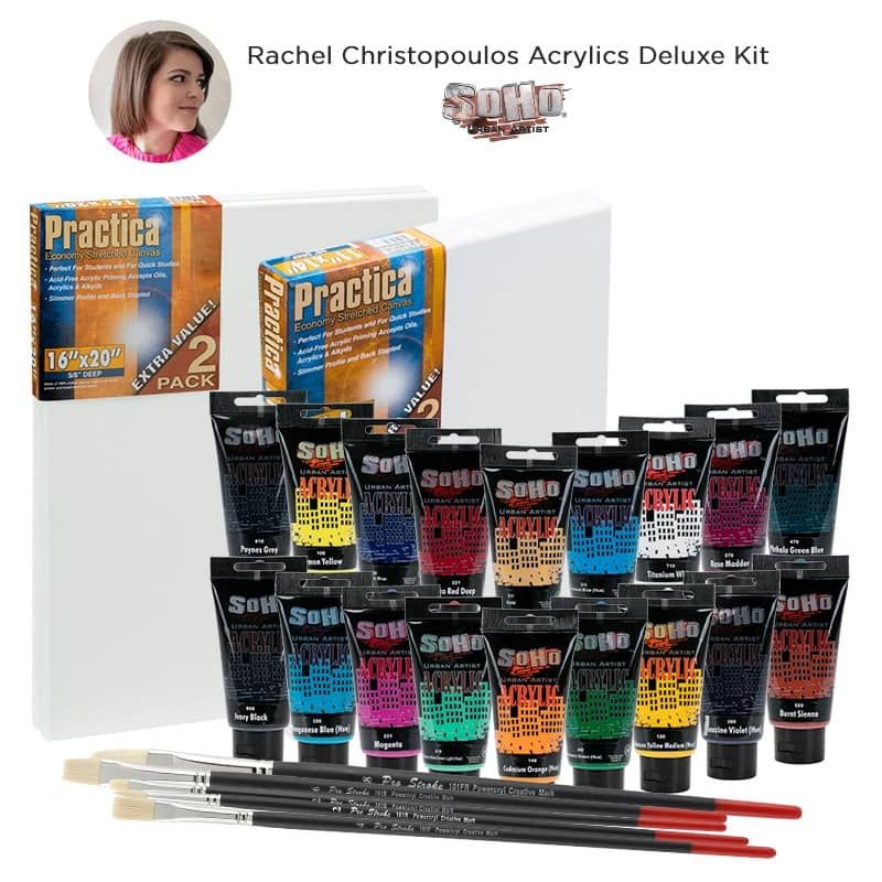 Rachel Christopoulos SoHo Acrylics Deluxe Set of 18, PowerCryl Brushes & Canvas