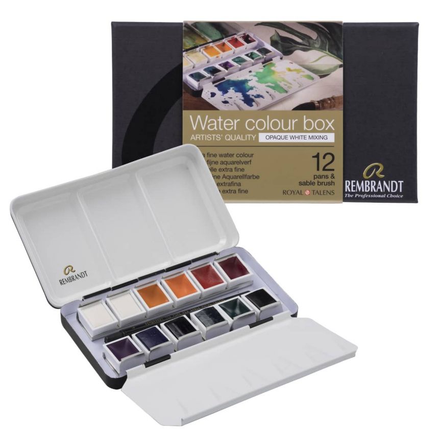 Rembrandt Watercolor Opaque White Mixing, Half-Pan Tin Set of 12 + Brush