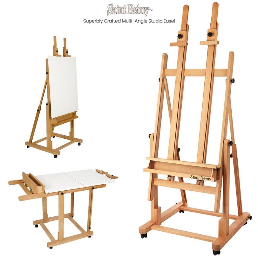 Wood Easel Or Painting Art Board With White Canvas On Blue