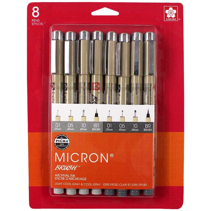 Sakura Pigma Micron Pen Set of 8 Assorted Nibs - Gray